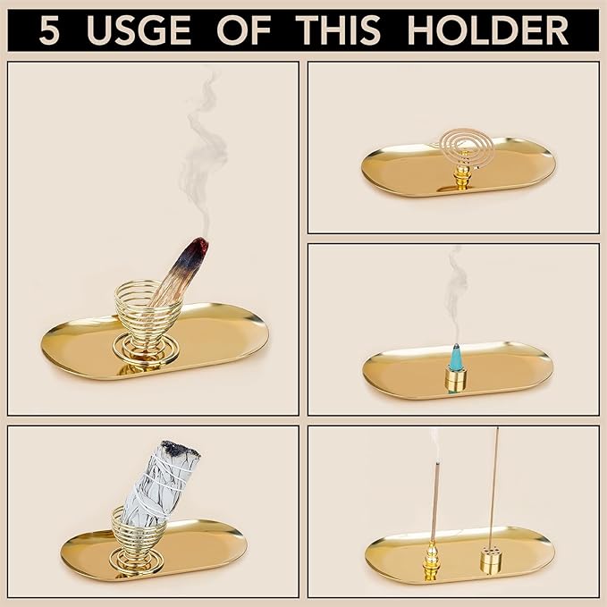 5 in 1 Incense Burner, Sage Holder, Copper Incense, Palo Santo Sticks Holder, 6.9 inches Alloy Cone Ash Catcher, Incense Coilfor Meditation Yoga Room