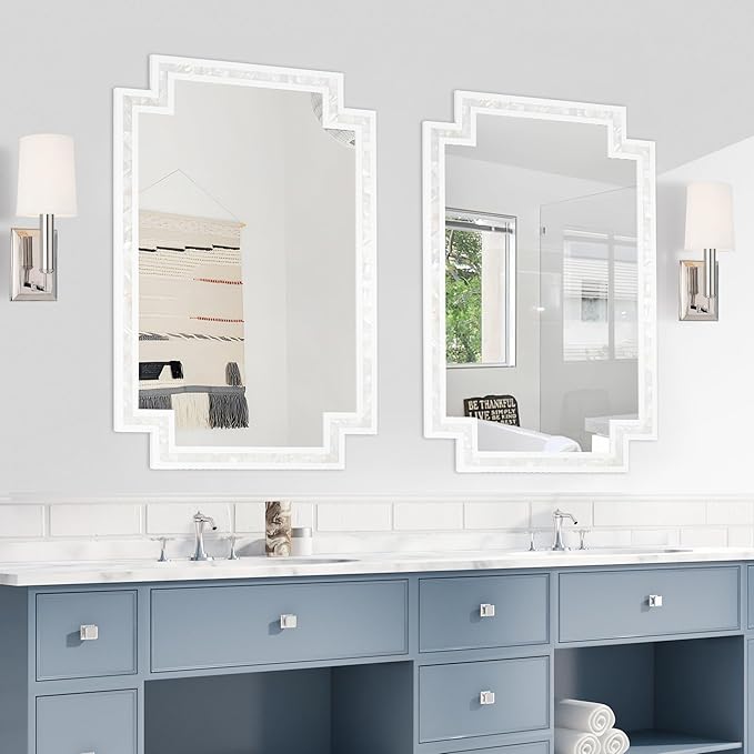 Tanmicoshomy 24 x 36 Inch Rectangle Bathroom Mirrors for Wall, White Shell Framed Decorative Mosaic Mirror for Bedroom, Living Room or Entryway, Wall Mounted Horizontal or Vertical