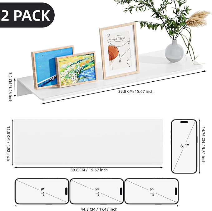 HNVNER 2-Piece Glossy White Metal Floating Shelves - Aluminum Alloy Wall Mounted Shelf No Drilling, Rust-Proof, 15.7" Width for Home Decor & Storage in Living Room, Bedroom, Bathroom