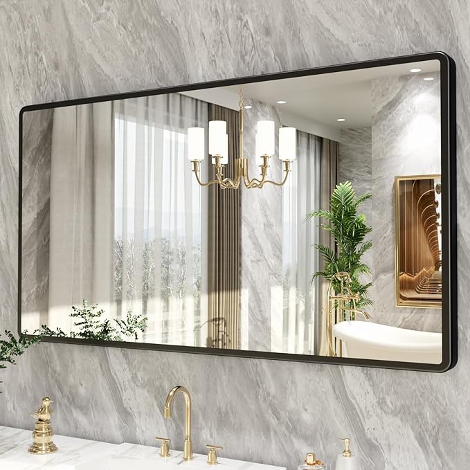 pertetey New Upgrade Bathroom Mirror, 55X30 Inch Black Metal Frame Wall Mounted Rounded Rectangle Bathroom Vanity Mirror with Tempered Glass for Washroom Bedroom Living Room