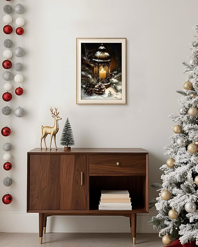 VIYYIEA Winter Framed Wall Art for Living Room, Oil Lamp Canvas Prints, Oil Painting Home Decor, Christmas Picture, Bathroom Wall Decor Gifts for Friends or Family - 16L x 12W