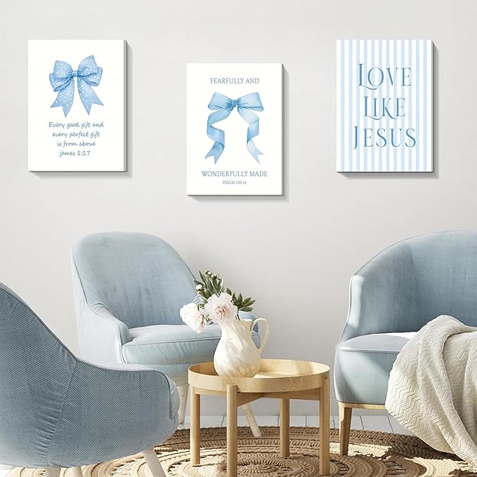 Dytila 3 Piece Blue Bows Wall Art for Girls Room, Bible Verse Pictures Bathroom Decor, Coquette Wall Artwork, Cute Teen Bedroom Decoration, Dorm Decor for College, College Gifts for Girls 16x24 Inch