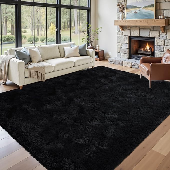 9x12 Ft Extra Large Black Shag Rug for Living Room,Ultra Soft Fluffy Furry Area Rug for Bedroom Kids Office, Aesthetic Carpet for Indoor Floor Home Decor