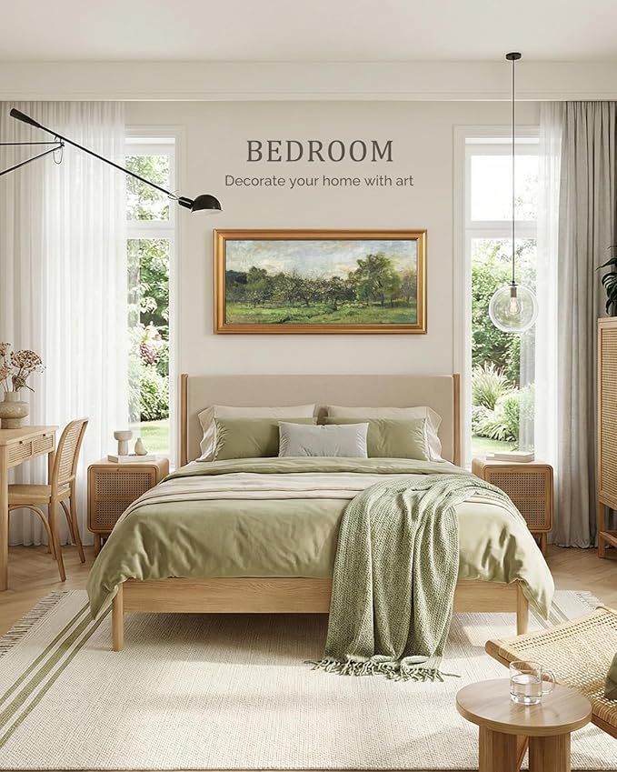 Bzstyleart Vintage Wall Art Decor for Living Room, Large Canvas Framed Wall Art, Landscape Painting Picture Farmhouse, Canvas Artwork for Bedroom Home Decoration Aesthetic, Sunny Field, 20 x 40 Inch