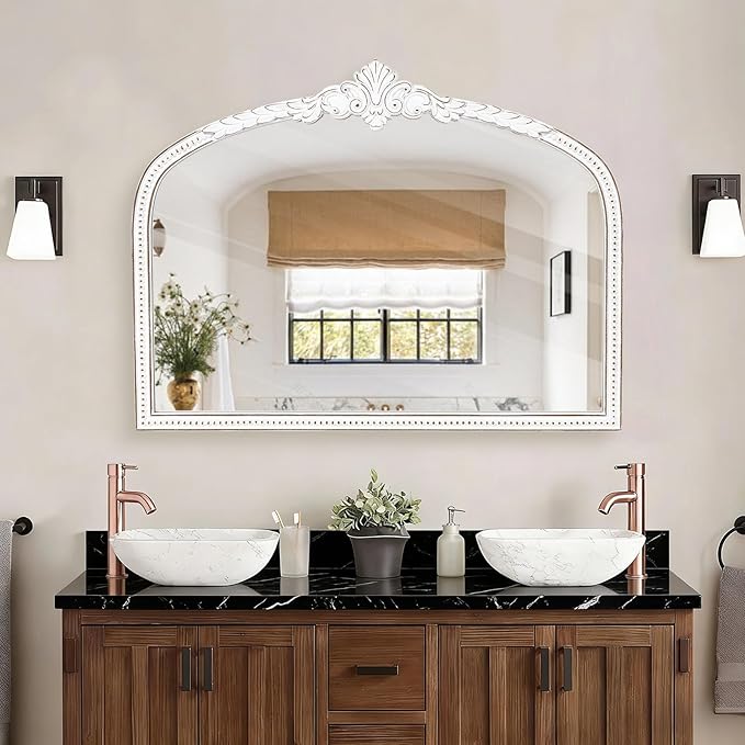 Farmhouse Wooden Wall Mirror - 32x42 Inches Antique White Baroque Wide Arched Decorative Mirror, Vintage Ornate Beaded Mirror for Living Room, Entryway, Mantel