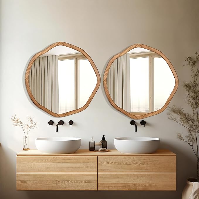 ULIKE Round Wood Mirror, 24 Inch Irregular Circle Vanity Wall Mirror with Wooden Frame, Rustic Decorative Wall Mount for Bathroom Bedroom Living Room Entryway, Rustic Brown