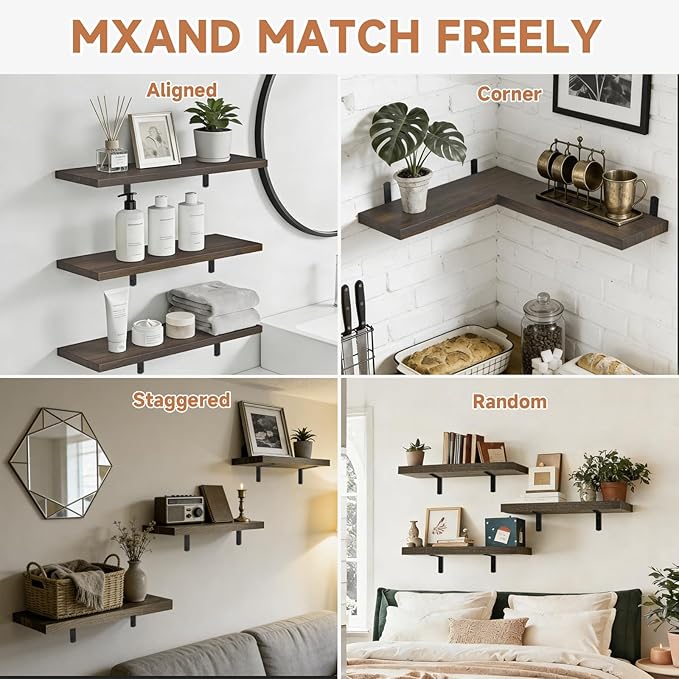 Easy Install Floating Shelves, 15.7 Inch Wall Mounted Wood Shelf,Hanging Shelf for Home Decor, Books and Storage, Small Organizer for Bedroom, Bathroom, Kitchen, Set of 3, Vintage Brown