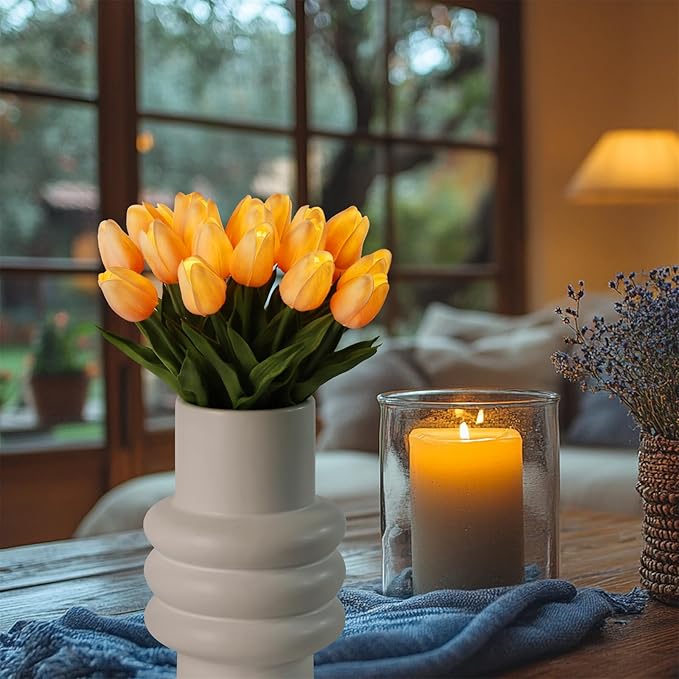 HOMESEASONS 20pcs Tulip Lamp Artificial Floral Night Light Real Touch Tulip Night Lamp LED Flower Bouquet Home Kitchen Decor(Orange)