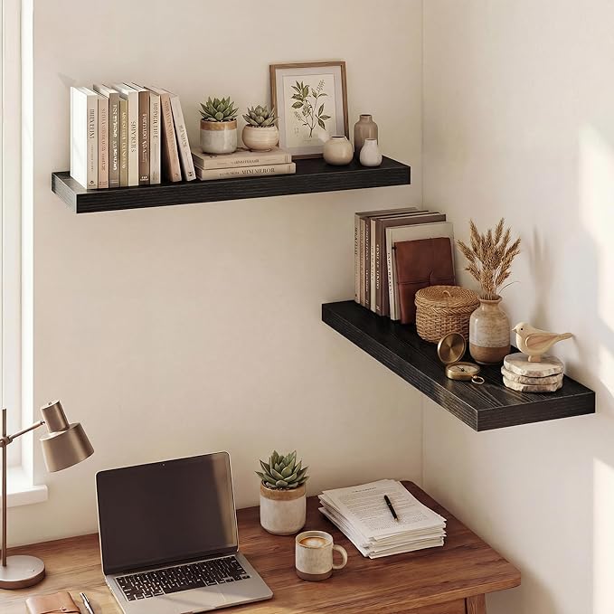 Dreamland 32 Inches Floating Shelves for Wall, 9.3" Deep Long Floating Shelves Set of 2, Large Display & Storage Shelf, Wall Shelf for Bathroom Bedroom Living Room Kitchen Office, Black