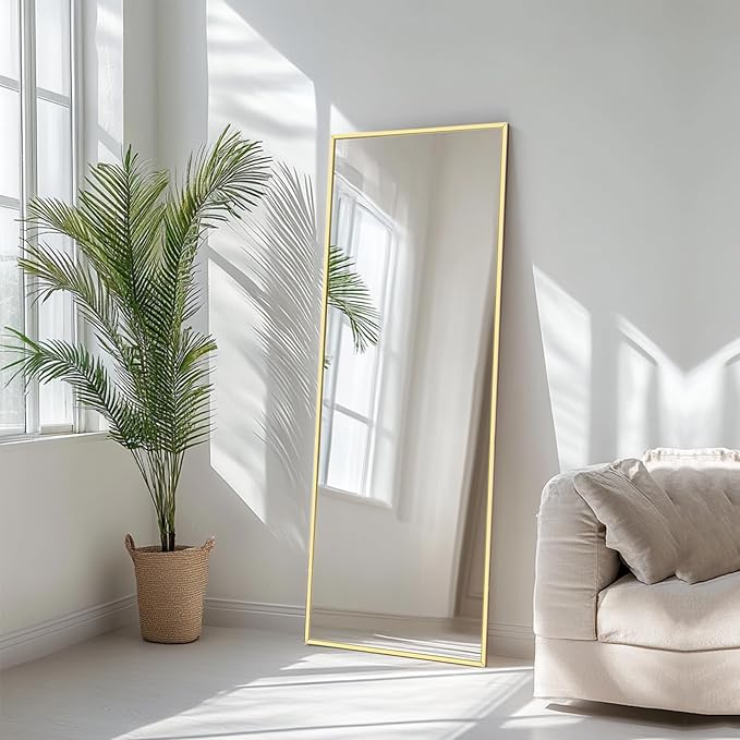 Sunniry Gold Floor Mirror, Full Body Mirror with Aluminum Metal Frame, Floor Mirrors for Nursery, Baby Room, Entryway, Party, Dressing Room. (48x16 inch, Gold)