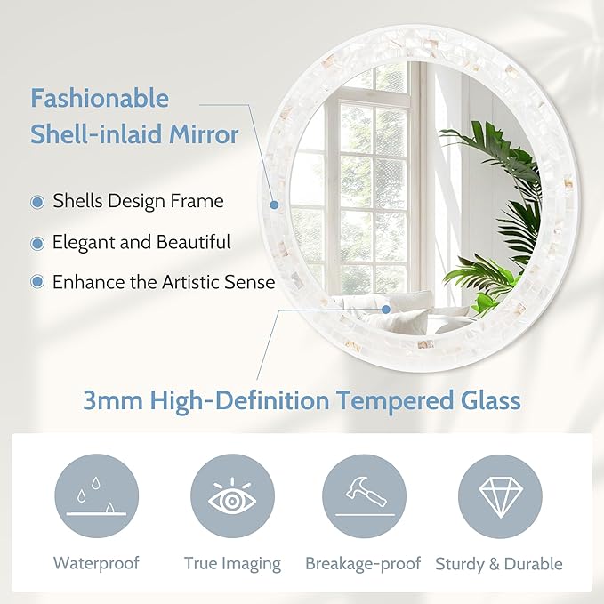 Tanmicoshomy Round Wall Mirror 30 Inch, Natural Shell Framed Circle Mirrors with Tempered Glass for Coastal Bathroom Bedroom Living Room or Entrayway