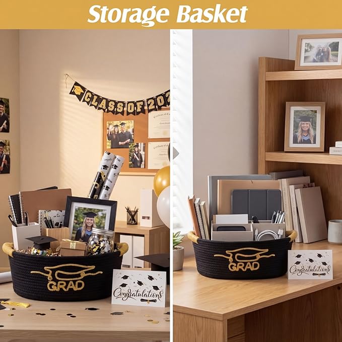 Colingmill 2026 Graduations & Nurses Week Gift Basket Empty to Fill, Woven Rope Basket 15" x 11" x 6" Decorative Storage Baskets with Gift Bag, Bow, Tissue Paper & Year Charm (Black,Gold,Graduation)