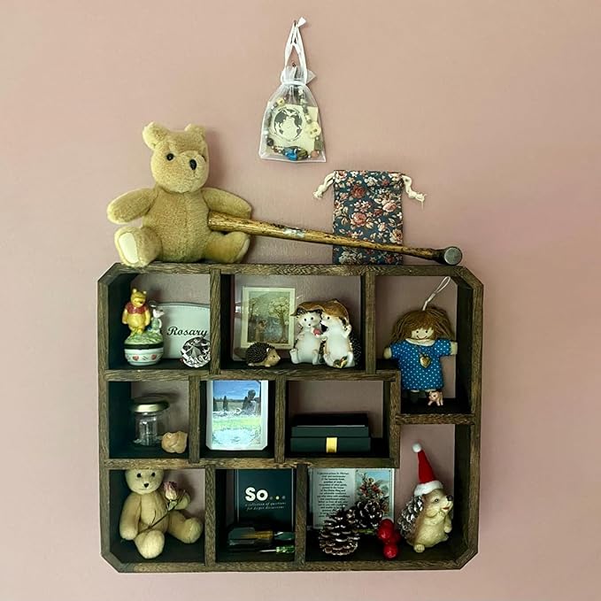 Frcctre Rustic Shadow Box Display Shelf, 9 Compartments Wood Hanging Display Floating Shelves, Multi-Slot Wall Mounted or Freestanding Farmhouse Decor Displays Case