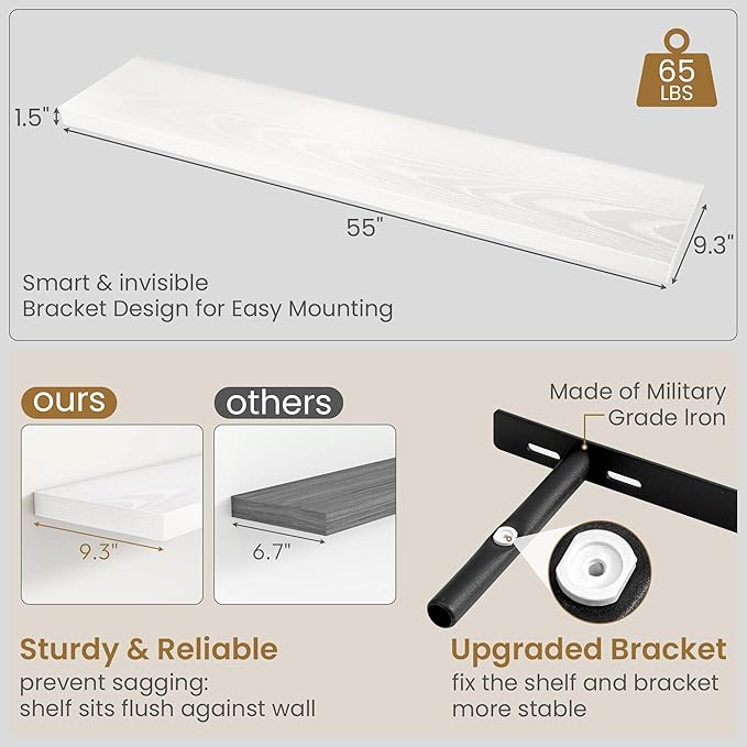 55 Inch Long Floating Shelves for Wall Set of 2, 55x9.3 Large Floating Shelf for Bedroom, Kitchen, Bathroom, Wall Mounted Rustic Wood Shelves with Invisible Bracket for Books, Decor, White