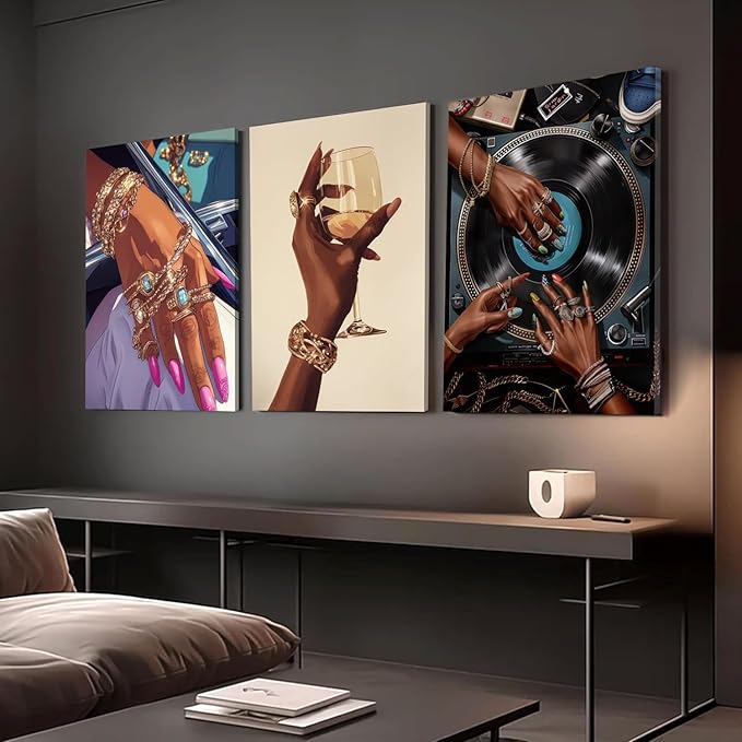 YFvrPt Black Woman Wall Art Set of 3, Trendy African American Women Wall Decor Black Girl Song Lover Canvas Poster Prints Aesthetic Pictures for Bedroom Living Room Framed 16x24 inch