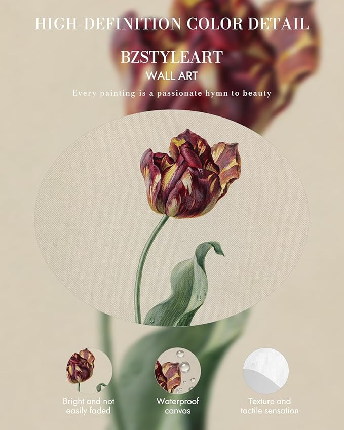 Bzstyleart Vintage Wall Art Decor for Living Room, Gold Framed Flower Wall Art Office, Canvas Vintage Artwork, Canvas Painting Picture Print Bedroom for Mom, 12 x 16 Inch Red Tulip