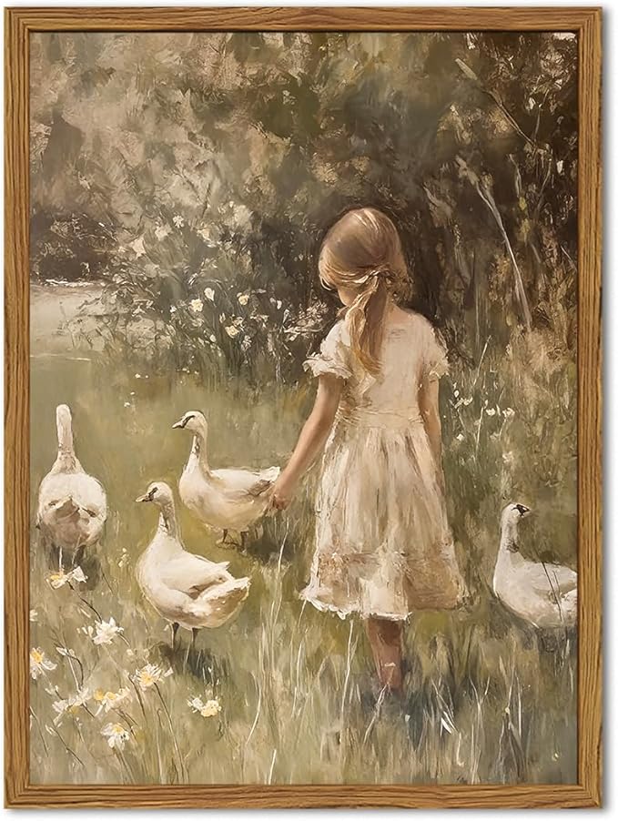 Framed Vintage Wall Art, Rustic Cute Girl with Duck Pictures Wall Decor, Farmhouse Cottagecore Paintings Country Nature Animal Canvas Prints for Living Room Bedroom Home 12x16 inch