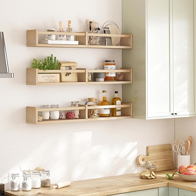 Fixwal Nursery Bookshelves, 32in Floating Bookshelves for Wall Set of 3, Wood Wall Mounted Floating Shelves for Baby Nursery Decor and Toys Storage (Natural Wood)
