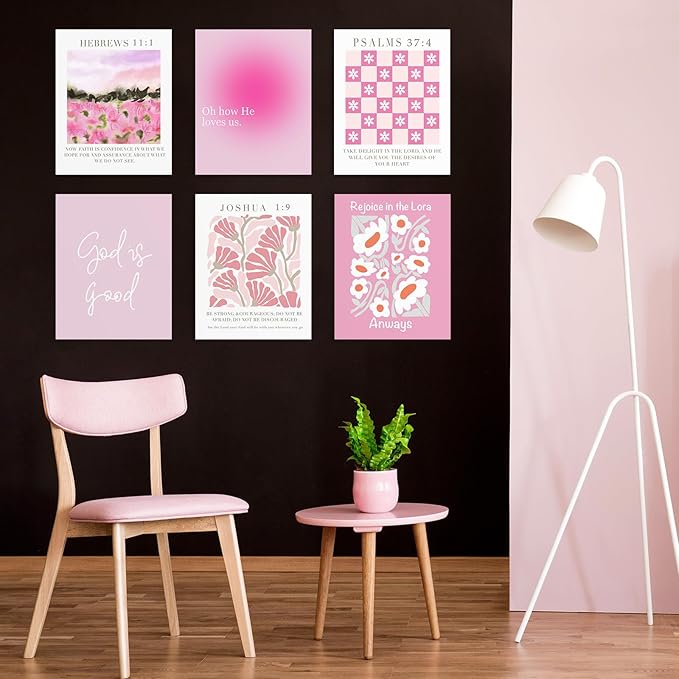 Habseligkeit Unframed Pink Gradient Room Decor, Pink Flower Wall Art Prints, Posters for Girls Dorm Aesthtic, Danish Pastel Wall Decor 11x14in, Set of 6