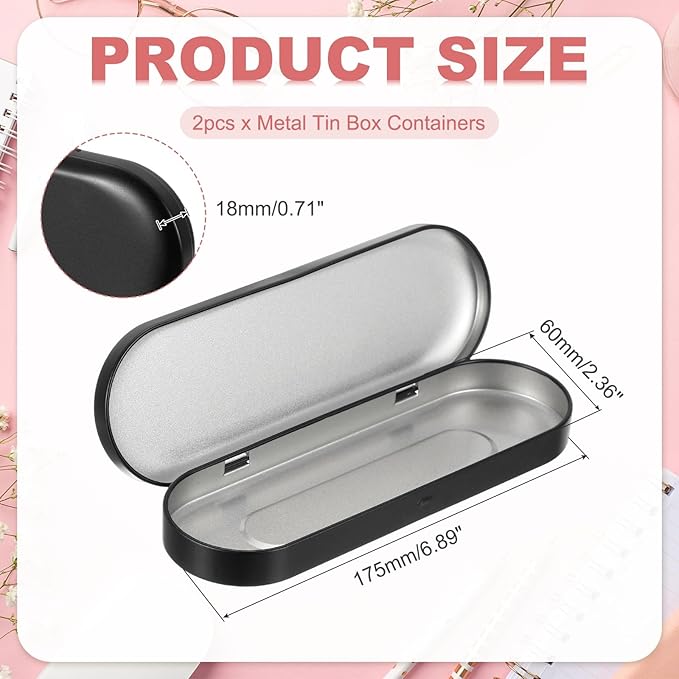 uxcell 2pcs Metal Hinged Tins Box, 6.9x2.4x0.7 Inch Rectangular Empty Tin Box Portable Pencil Containers for Pen Makeup Brushes Home Organizers, Black