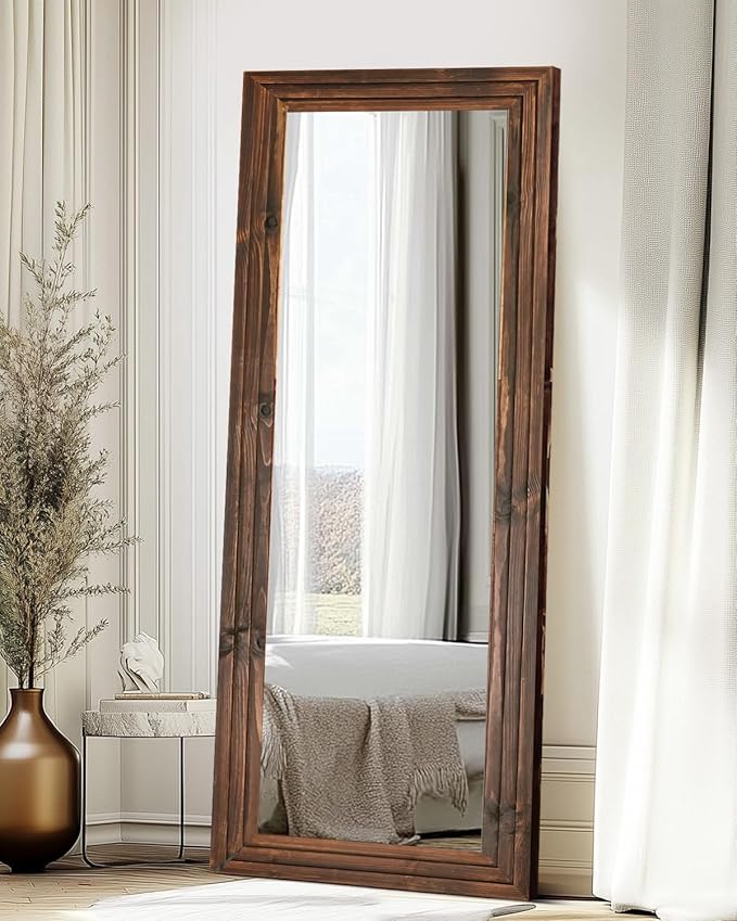 Full Length Mirror 65"x24" Solid Wood Frame Floor Large Mirror for Living Room, Bedroom Hanging or Leaning Wall-Mounted, Brown