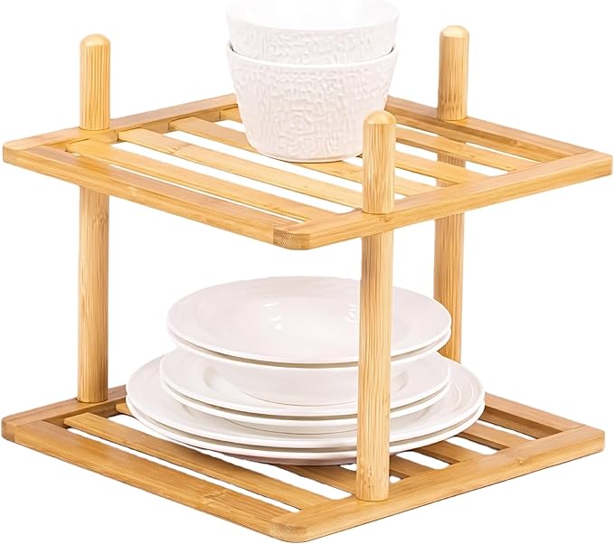 2-Tier Expandable Bamboo Corner Shelf - Dish/Plate Organizer for Cabinet, Kitchen Counter Shelf & Small Kitchen Shelf, Adjustable (1, Natural, 6.7" H-Large)