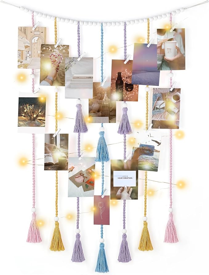 Mkono Macrame Hanging Photo Display Wall Decor with String Lights Boho Room Bedroom Wooden Beads Garland Picture Greeting Cards Holder with 30 Clips