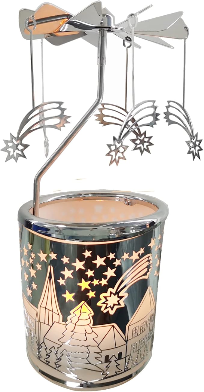 Metal Rotary Candle Holder Spinning Windmill Tea Light Carousel Decor for Home & Gifts (Silver Meteor)