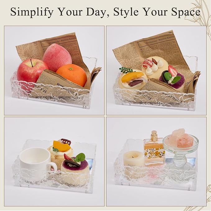 7.5"x5.5" Scalloped Acrylic Tray with Magnetic Mat - All-in-One Organizer for Jewelry, Makeup, Desk & Vanity, 2-in-1 as Tray & Photo Stand, for Women, Mom, Bride