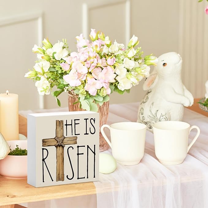 Easter Decor, He is Risen Religious Easter Wooden Box Sign, Cross Tiered Tray Decorations, Farmhouse Bunny Table Centerpiece Sign for Party Home Kitchen Dining Table Decor 5x5