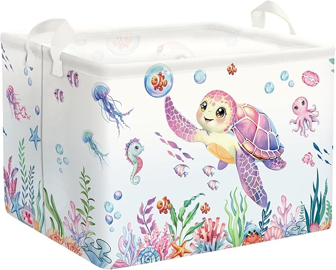 Ocean Animals Baby Laundry Hamper Collapsible Clothes Kids Storage Basket Large Boys Girls Gift Toy Box Bin for Nursery Room, Sea Turtle, 36L