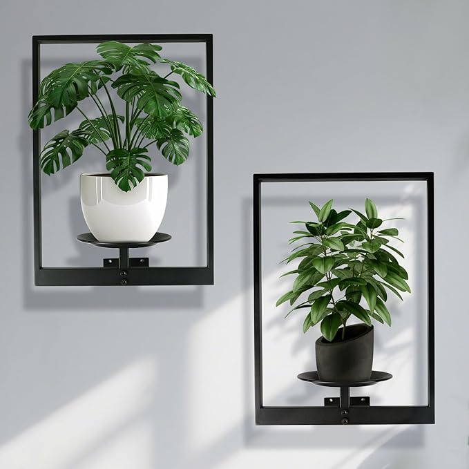Plant Wall Shelf, Metal Modern Style Frame, Picture Wall Plant Holder, Plant Frames for Living Space Decor Display Stand for Living Room Balcony Garden Patio (2 PACK(BLACK))