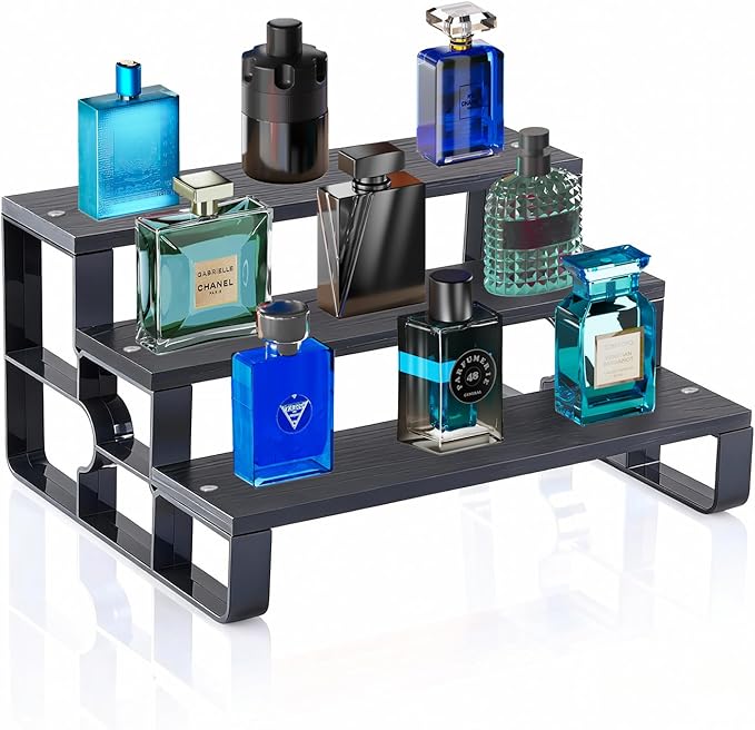 Wood Perfume Organizer for Dresser,3 Tier Black Cologne Stand,Cologne Organizer for Men,Wooden Display Risers Stand for Bathroom,Makeup,Cupcake,Bedroom Decor(Black,Width=11.2")