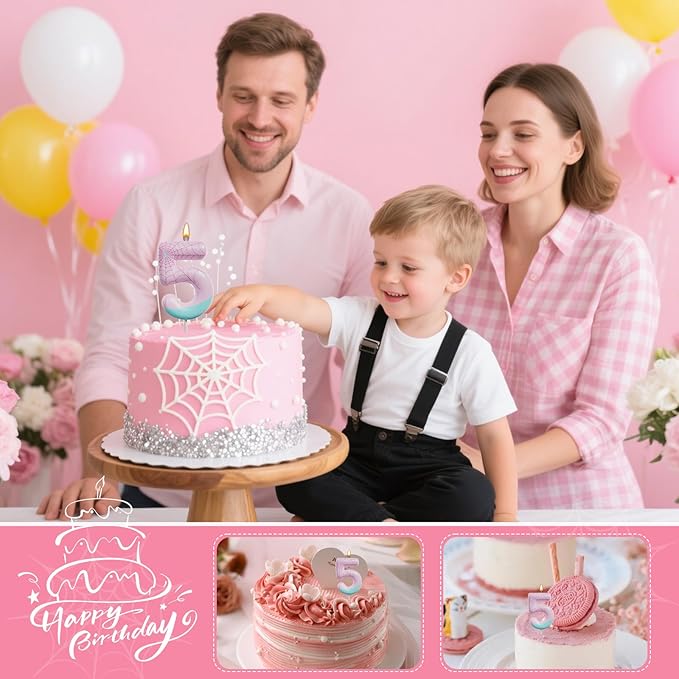 Pink Spider Birthday Number Candles – Multi-Color Decorative Cake Toppers for Kids Party & Celebration (Pink, 5)