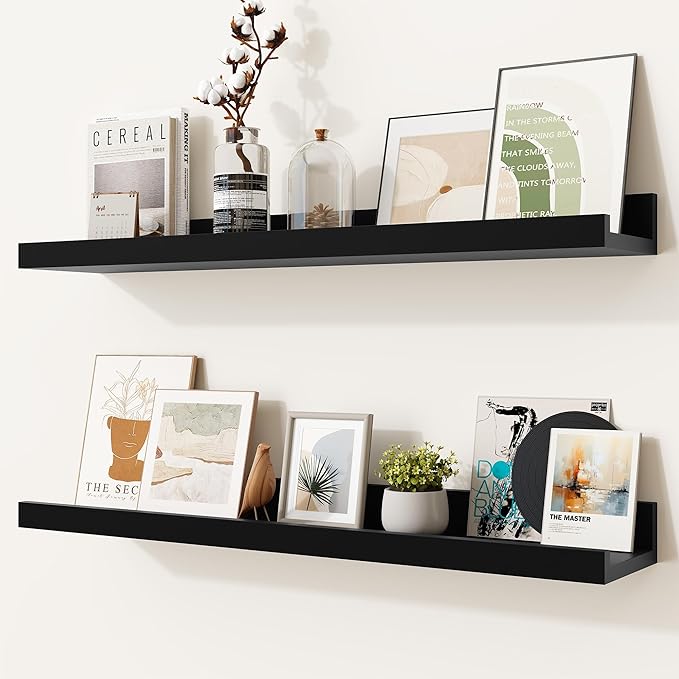 Heimlove Picture Ledge Shelf,24 inch Long Floating Shelves for Wall Set of 2,Black Picture Shelf with Lip for Wall Decor,Living Room,Bedroom,Bookshelf,Nursery,Perfume