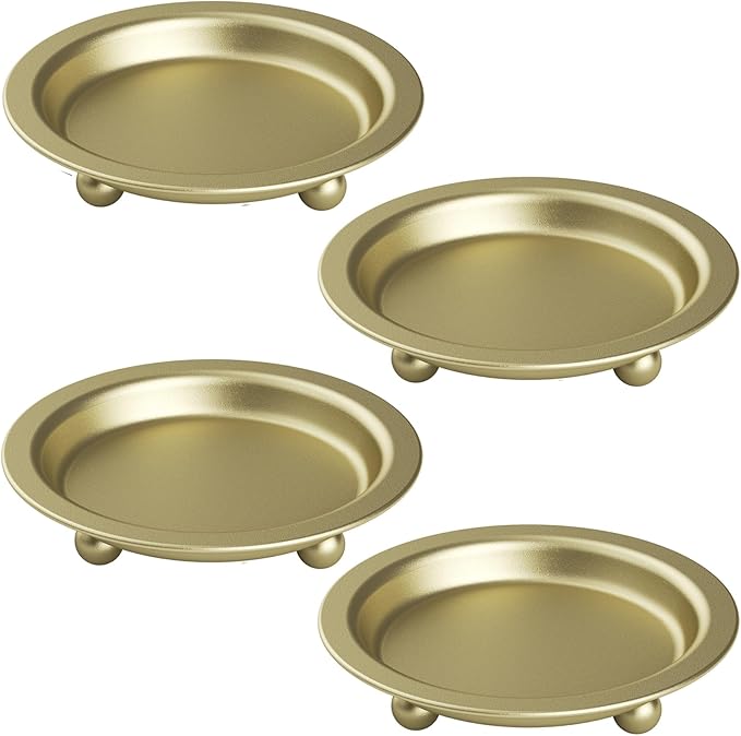 Gold Candle Holders, 4 Packs Gold Candles Sticks Holder Decor, 4.13'' Candle Tray Iron Plate for Tealight, Pillar Ball Scented Candles, Candle Stand for Incense Cones, Spa, Wedding