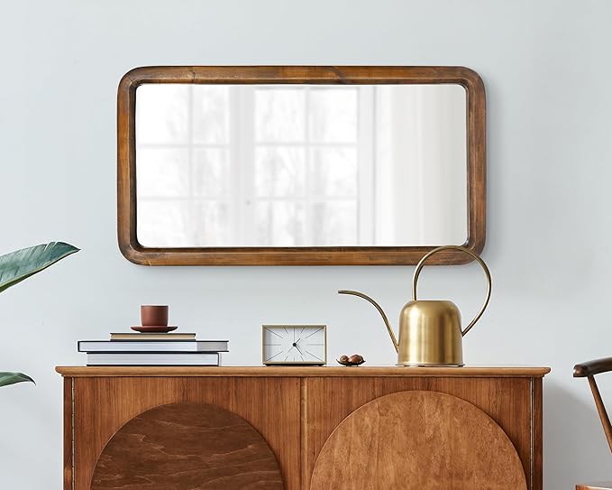 Kate and Laurel Pao Modern Rounded Rectangular Wall Mirror, 17 x 32, Walnut, Decorative Mid-Century Tall Wood Mirror with Radius Corners for Vertical or Horizontal Display