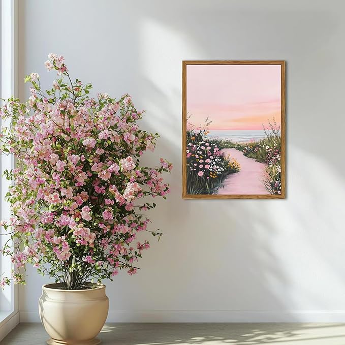 Framed Vintage Landscape Wall Art, Pink Floral Coastal Pictures Wall Decor, Rustic Wildflower Nature Paintings Canvas Prints Home Decor Aesthetic for Living Room Bedroom Bathroom 16x24 inch