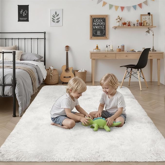 Fluffy 5x7 Area Rugs for Living Room Bedroom: Ultra Soft Shag Rug Non-Slip Non-Shedding Small Plush Bedside Rug Indoor Floor Carpets for Kids Room Playroom Entryway Nursery Dorms Home Decor Ivory