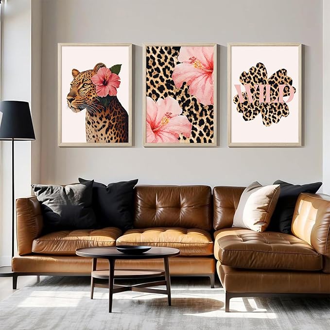 Trendy Leopard Wall Art Pink Cheetah Print Room Decor Leopard Flower Canvas Wall Decor Cheetah Aesthetic Poster Girly Pink Preppy Picture Funky Y2k Artwork for Girl Bedroom 24x36x3 Inch Wood Framed