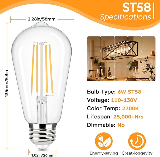 Brightever 4-Pack Vintage LED Edison Bulbs 60W Equivalent, 6W ST58 2700K Warm White Antique LED Filament Bulbs, E26 Medium Base, Clear Glass Style for Home and Commercial, Non-dimmable