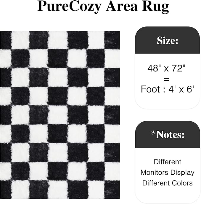 PureCozy Checkered Rug 4x6 for Living Room, Black and White Modern Shag Rug Super Soft Washable Fluffy Rugs Indoor Office Fuzzy Carpet for Bedroom Home Dorm Aesthetic Decor