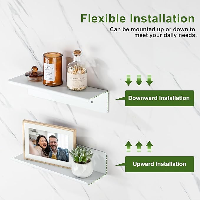 SAYAYO White Floating Shelves for Wall Storage, 12 Inch Screw or Self Adhesive Wall Shelves for Bedroom Decor, Small Display Bathroom Shelf Organizer for Kitchen, Living Room, Office, 2pcs