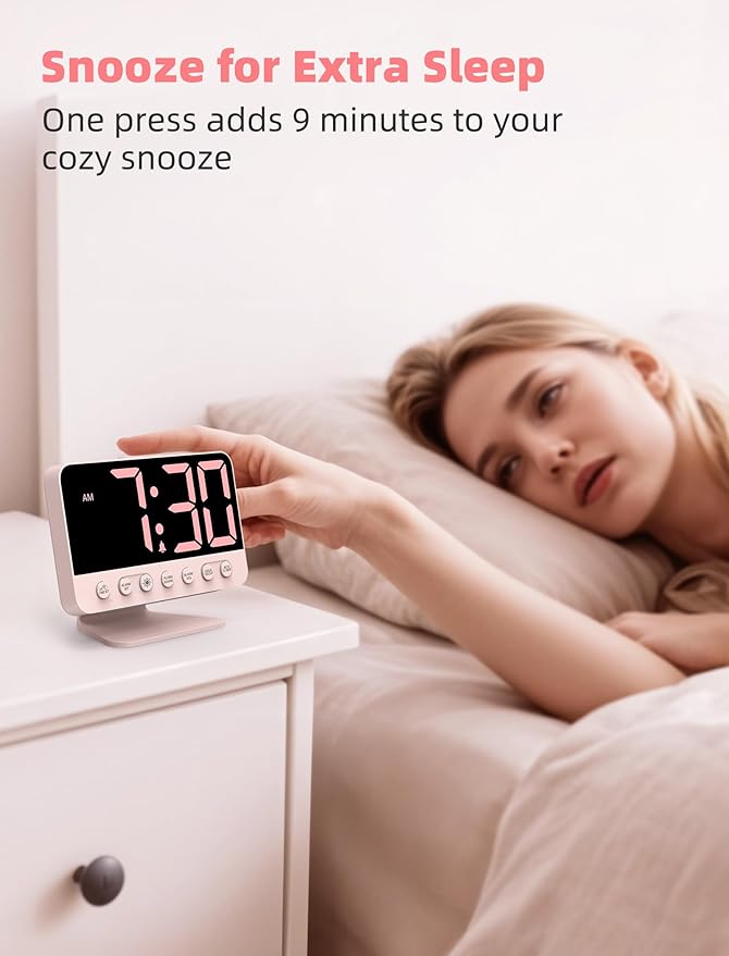 Odokee Digital Alarm Clocks for Bedrooms: Large Bold Number 5 Brightness Dimmer - Easy to Read Across The Room - 5 Alarm Sound 8 Night Light - Sakura Pink