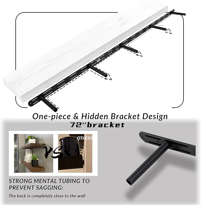 Floating Shelves 72 inch Long 8 "deep Set of 2, Heavy Duty Wood Wall Mounted Shelves for Bathroom Living Room Kitchen,Book Shelves with Thickened Hidden Bracket- White