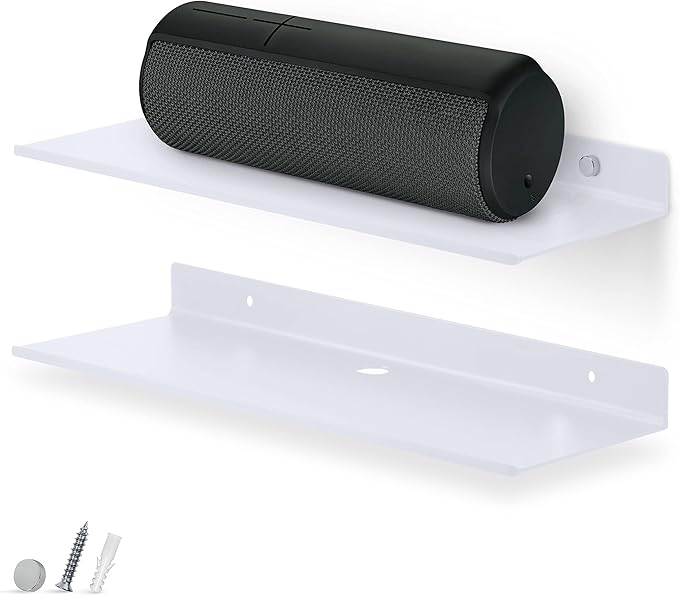 BRAINWAVZ 2-Pack 12" Floating Metal Wall Shelf for Books, Organizer, Speakers, Plants, Cameras, Books, Decor Display, Storage, Routers & More Wide Universal Holder Shelf (White)