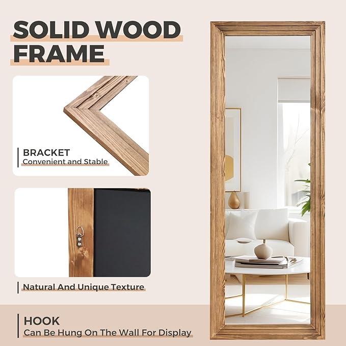 65"x24" Full Length Mirror Solid Wood Frame Floor Mirror for Living Room, Bedroom Hanging or Leaning, Wood Color
