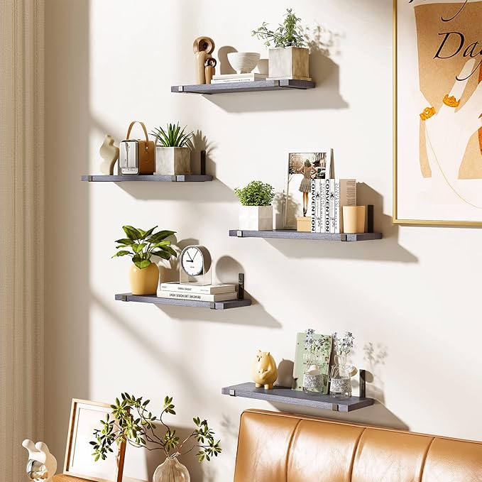 Fixwal Floating Shelves Set of 5, Width 4.7 Inches Wall Shelves, Rustic Wood Wall Storage Shelves for Bedroom, Living Room, Kitchen, Bathroom (Grey)