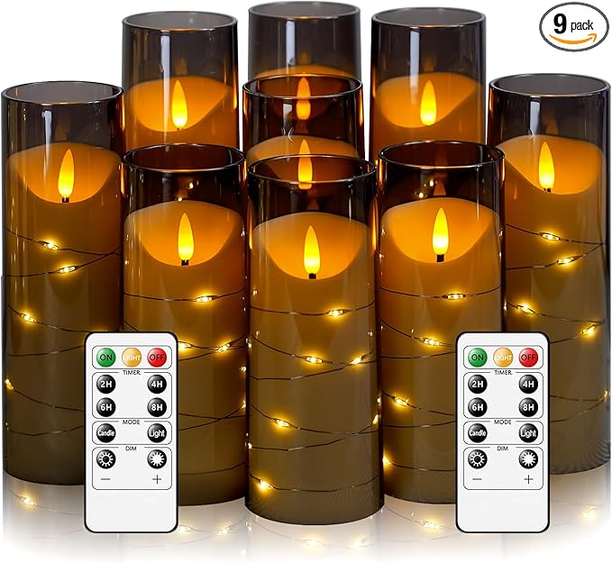 Eebuss Flameless Candles with Embedded Star String, Battery Operated LED Pillar Candles with Timer and Remote Control,Home Decorating for Ambiance， Set of 9(Grey)