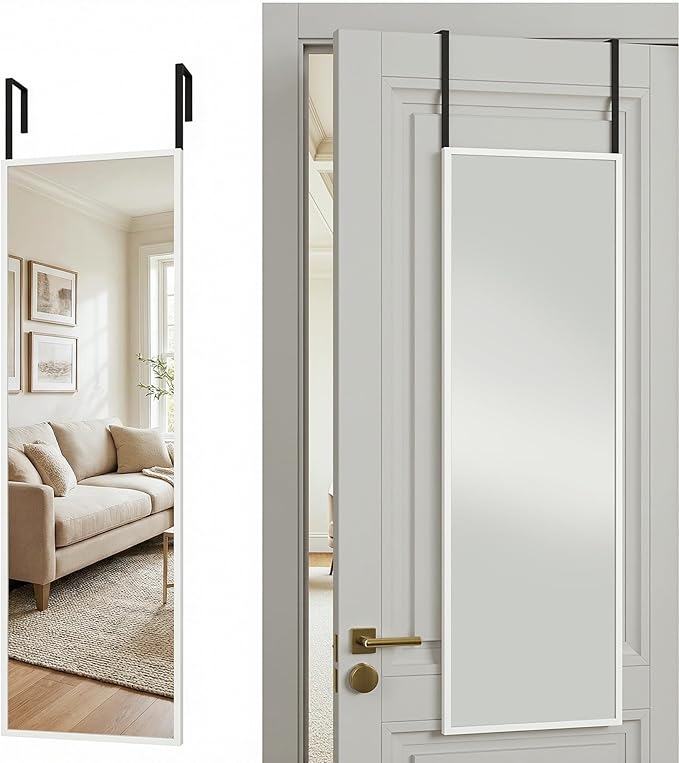 Antok 47''x 14'' Full Length Mirror Over Door, 3-in-1 Standing Leaning Wall Mounted, Adjustable Hanging Mirror for Bedroom Living Room, White, Rect Corner
